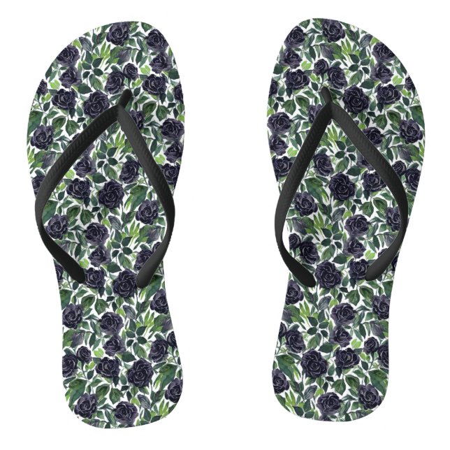 Black roses, green leaves watercolor pattern flip flops (Footbed)
