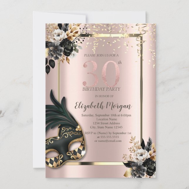 Black Roses Masque Confetti Rose Gold 30th Invitation (Front)