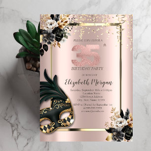 Black Roses Masque Confetti Rose Gold 35th Invitation