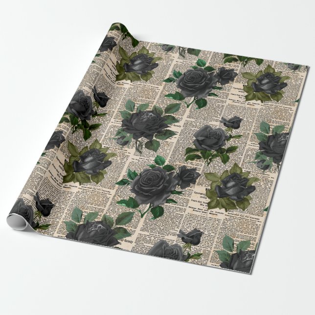 Black Roses on Vintage Newsprint Wrapping Paper (Unrolled)