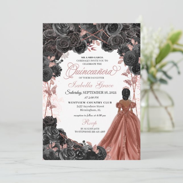 Black Roses Pink Butterfly Glitter Quinceañera Invitation (Standing Front)