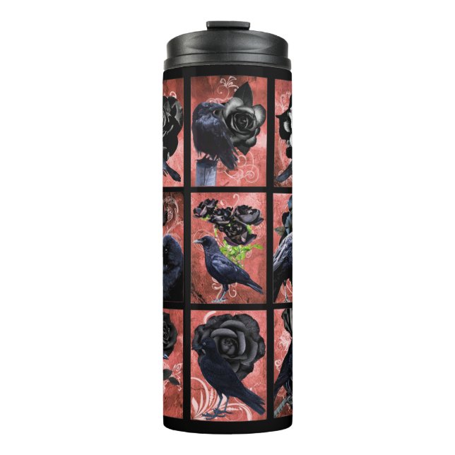 Black roses ravens and crows gothic art collage thermal tumbler (Front)