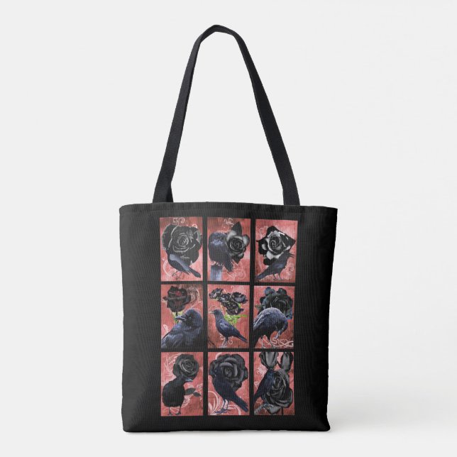 Black roses ravens and crows gothic art collage tote bag (Back)