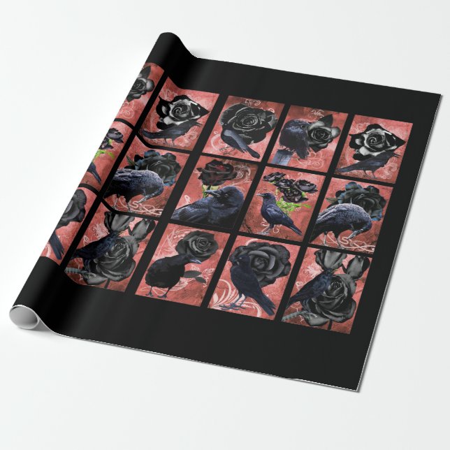 Black roses ravens and crows gothic art collage wrapping paper (Unrolled)