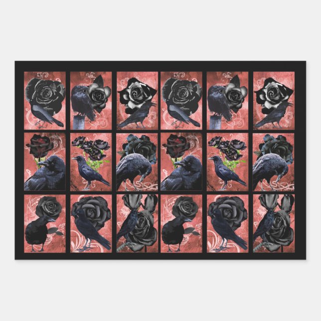 Black roses ravens and crows gothic art collage wrapping paper sheet (Front)
