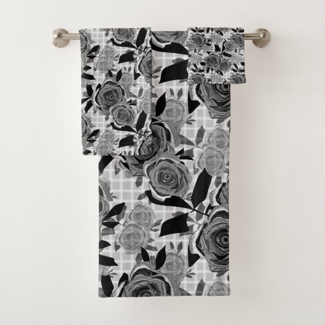 Black roses, roses, black and grey   bath towel set (Insitu)