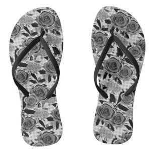 Black roses, roses, black and grey flip flops