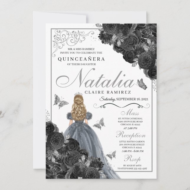 Black Roses Silver Butterfly Princess Quinceañera Invitation (Front)