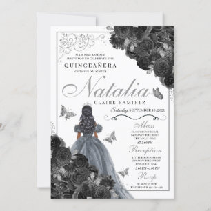 Black Roses Silver Butterfly Princess Quinceañera Invitation