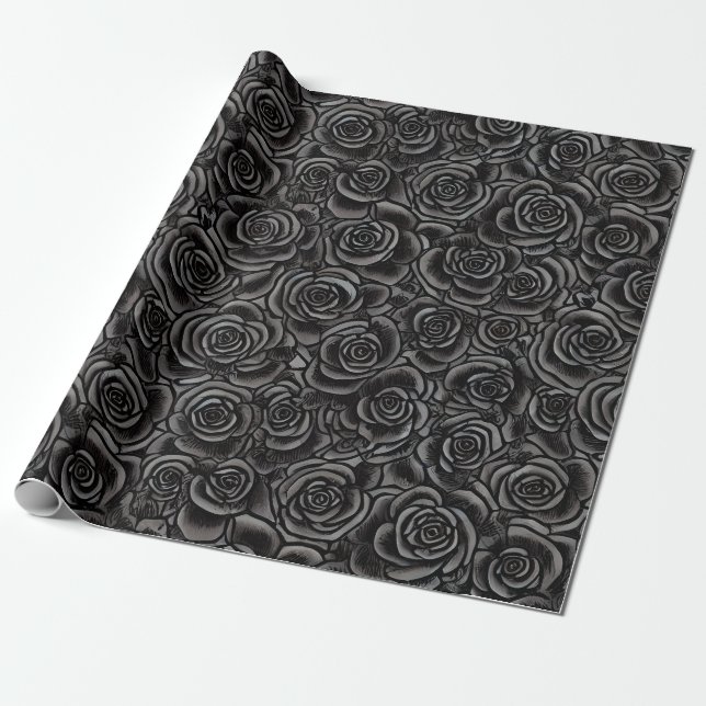 Black Roses Whimsigoth Dark Floral Pattern Gothic Wrapping Paper (Unrolled)
