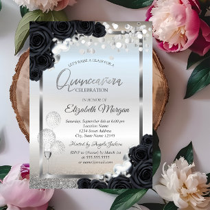 Black Roses Wine Glass Balloons Quinceañera Invitation