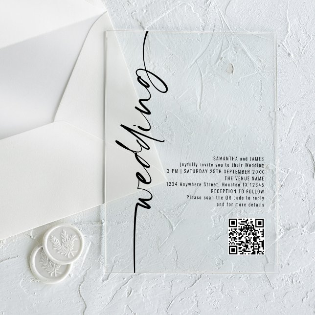 Black Rotated Calligraphy QR Code Wedding Acrylic Invitations (Creator Uploaded)