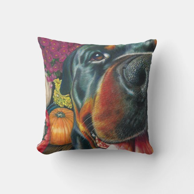 Black Rottweiler Dog Autumn Harvest Pumpkin Art Throw Pillow (Front)