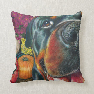 Black Rottweiler Dog Autumn Harvest Pumpkin Art Throw Pillow