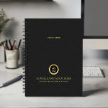 Black Round Gold Logo Name Professional corporate Planner<br><div class="desc">Stay organized and elevate your professional image with our Custom Spiral Planner, featuring a refined Black leather-look design that combines sophistication with functionality. A customizable square space on the cover allows you to prominently display your business logo over a gold texture while two additional lines of editable text offer room...</div>