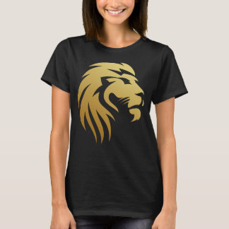 Black Round Neck T-Shirt with Gold Lion Face Print