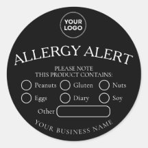 Black Round White Black Food Allergy Alert Sticker