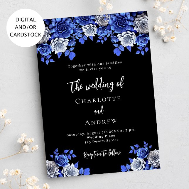 Black royal blue florals wedding invitation (Creator Uploaded)