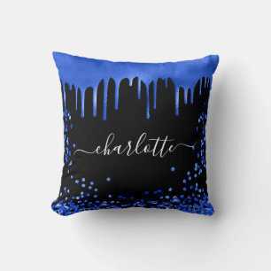Black royal blue glitter drips name script throw pillow