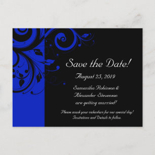 Black/Royal Blue Reverse Swirl Save the Date Announcement Postcard