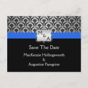 Black Royal Blue Silver Monogram Damask Save The D Announcement Postcard