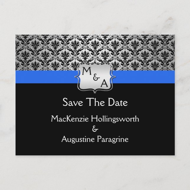 Black Royal Blue Silver Monogram Damask Save The D Announcement Postcard (Front)
