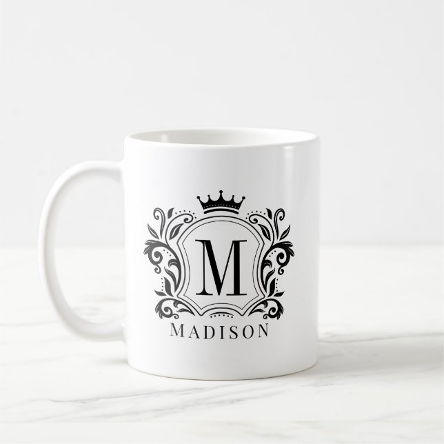 Black Royal Crest Crown Scrolls Monogram Coffee Mug (Left)