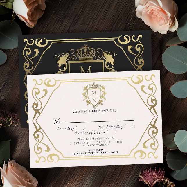 Black Royal Fantasy Monogram Wedding RSVP Enclosure Card (Creator Uploaded)