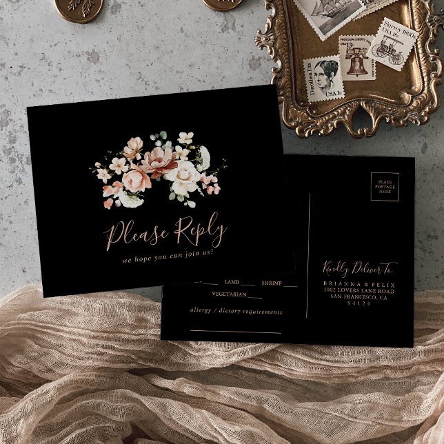 Black Royal Floral Menu Choice RSVP Postcard (Creator Uploaded)