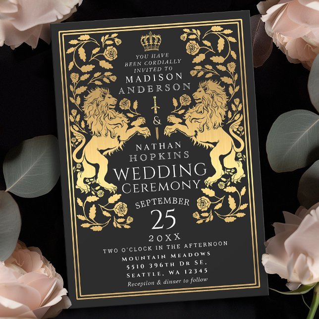 Black Royal Lion Medieval Gold Wedding Invitation (Creator Uploaded)