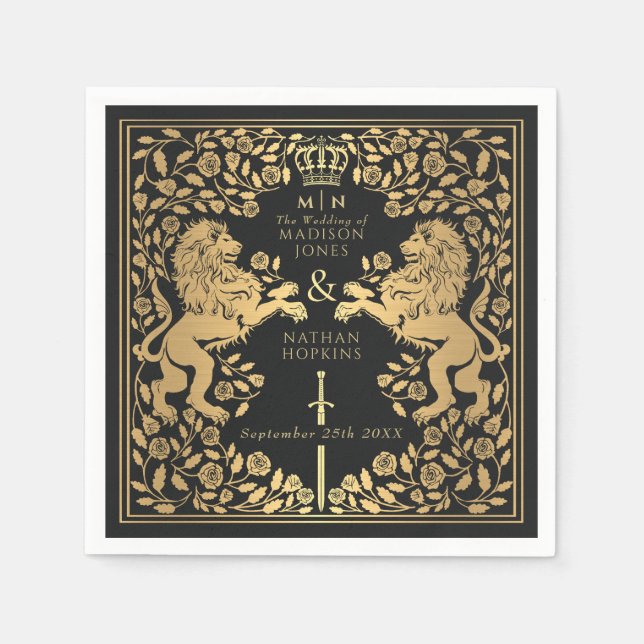 Black Royal Lion Medieval Sword Wedding  Napkin (Front)