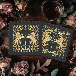Black Royal Lion Medieval Sword Wedding Paper Coaster