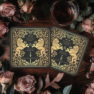 Black Royal Lion Medieval Sword Wedding Square Paper Coaster