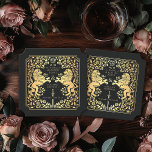 Black Royal Lion Medieval Sword Wedding Ticket Paper Coaster<br><div class="desc">Add royal charm to your tablescape! These custom wedding coasters feature a majestic lion and floral design with your names and monogram, all in luxurious gold against a black background. Perfect for a medieval fantasy celebration with timeless elegance! The gold featured on this item is NOT real foil and is...</div>