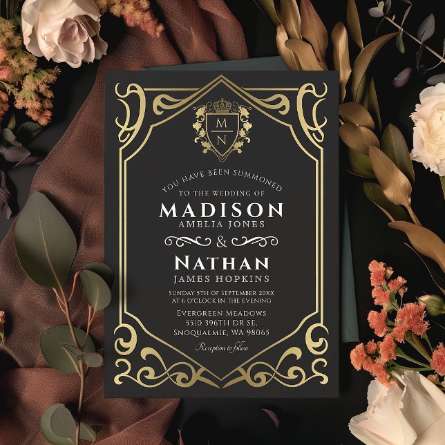Black Royal Medieval Fantasy Monogram Wedding  Invitation (Creator Uploaded)