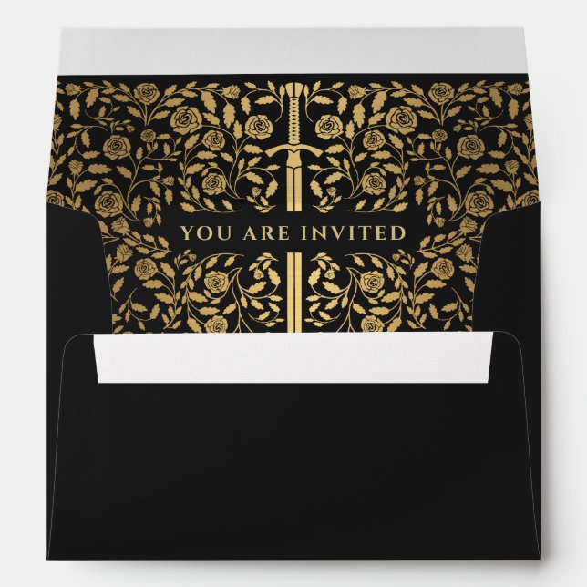 Black Royal Medieval Gold Sword Wedding Envelope (Back (Bottom))