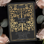 Black Royal Medieval Gold Sword Wedding Invitation<br><div class="desc">Set the tone for your medieval fantasy wedding with a bold invitation design—a grand gold sword surrounded by florals against a black background. Perfect for couples dreaming of an epic, romantic celebration. Make your love story legendary from the very first glance! NOTE: the gold featured in this design is NOT...</div>