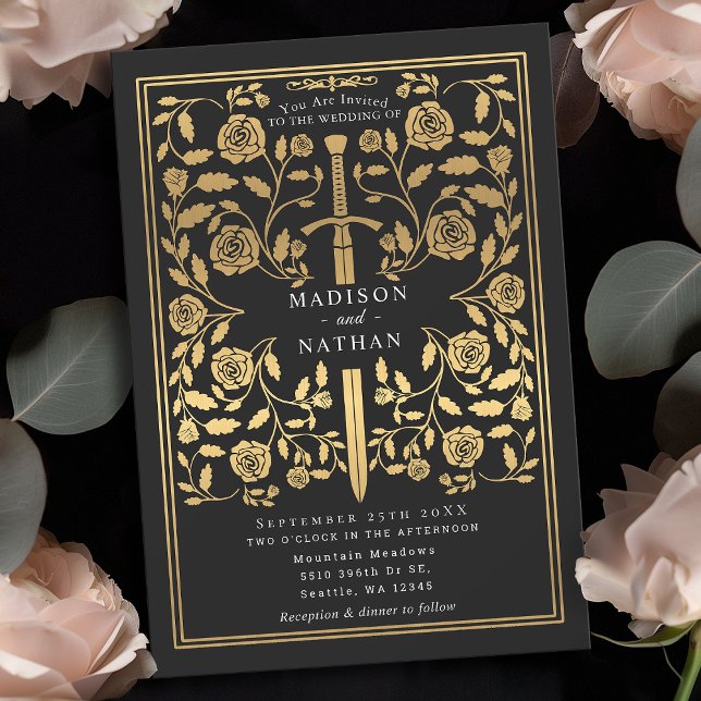 Black Royal Medieval Gold Sword Wedding Invitation (Creator Uploaded)