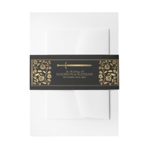 Black Royal Medieval Gold Sword Wedding  Invitation Belly Band