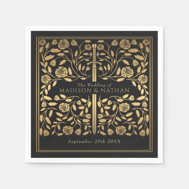Black Royal Medieval Gold Sword Wedding Napkin (Front)
