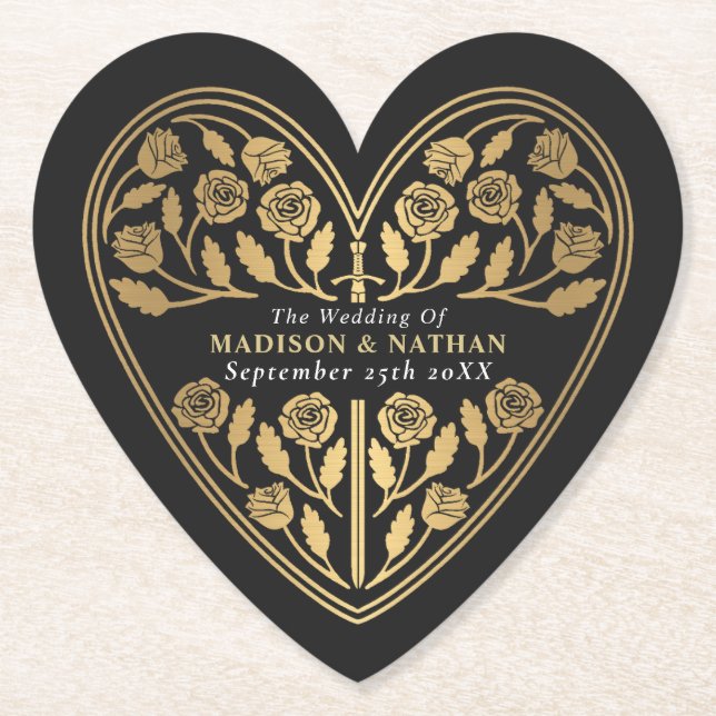 Black Royal Medieval Gold Sword Wedding Paper Coaster (Front)