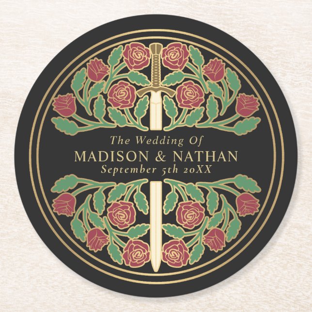 Black Royal Medieval Gold Sword Wedding Round Paper Coaster (Front)