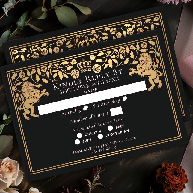 Black Royal Medieval Lion Wedding RSVP Card (Creator Uploaded)