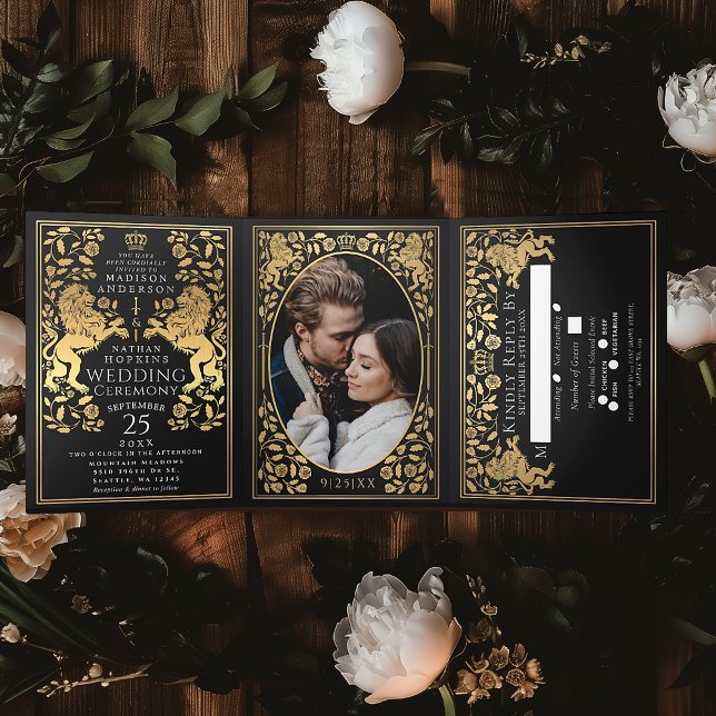 Black Royal Medieval Lion Wedding Tri-Fold Invitation (Creator Uploaded)