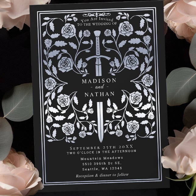 Black Royal Medieval Silver Sword Wedding  Invitation (Creator Uploaded)