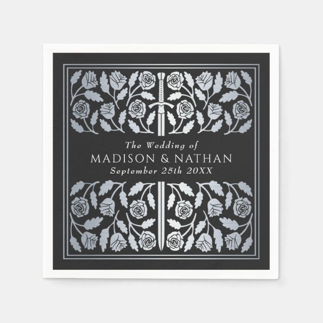 Black Royal Medieval Silver Sword Wedding Napkin (Front)