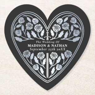 Black Royal Medieval Silver Sword Wedding Paper Coaster