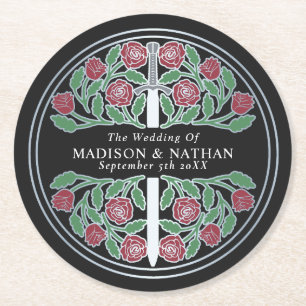 Black Royal Medieval Silver Sword Wedding Round Paper Coaster