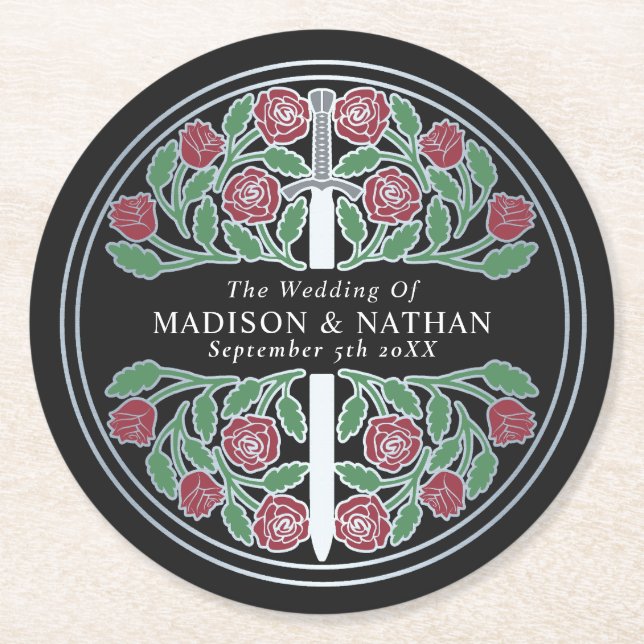 Black Royal Medieval Silver Sword Wedding Round Paper Coaster (Front)
