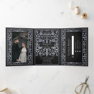 Black Royal Medieval Silver Sword Wedding  Tri-Fold Invitation
